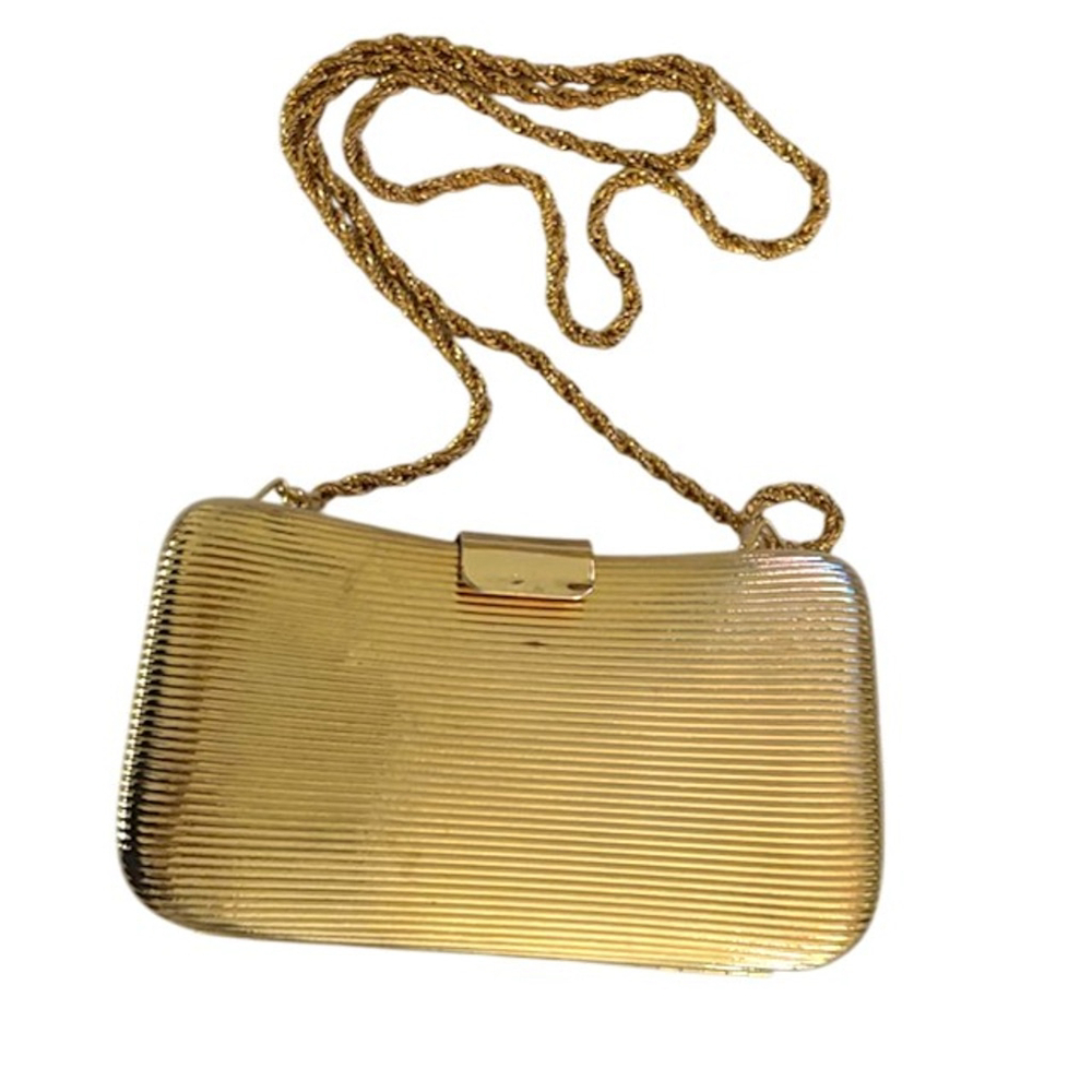 VTG MARSHALL FIELD & CO Classic Gold Metal Box Clutch Made in Italy Evening Bag